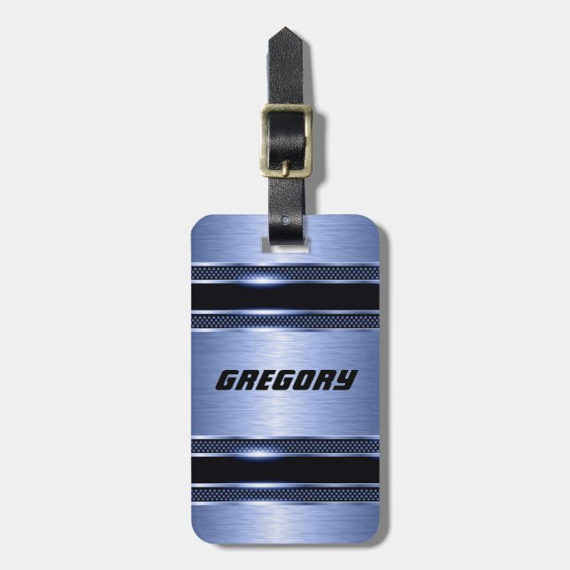 Étiquette À Bagage Élégant Bleu Clair Faux Rayures métalliques (Devant Vertical)