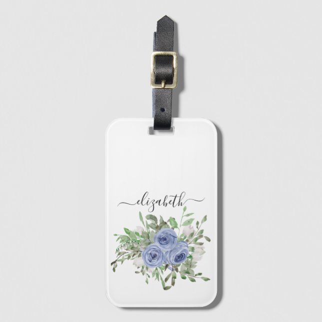 Étiquette À Bagage Elégant bleu Floral Aquarelle Girly Nom du script (Devant Vertical)