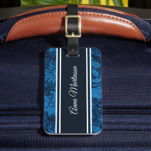 Étiquette À Bagage Élégant Bleu Marine Floral Damassé de Style Vintag