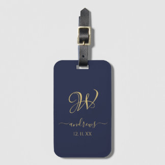Étiquette À Bagage Elégant bleu marine or monogrammed Bagage Tag
