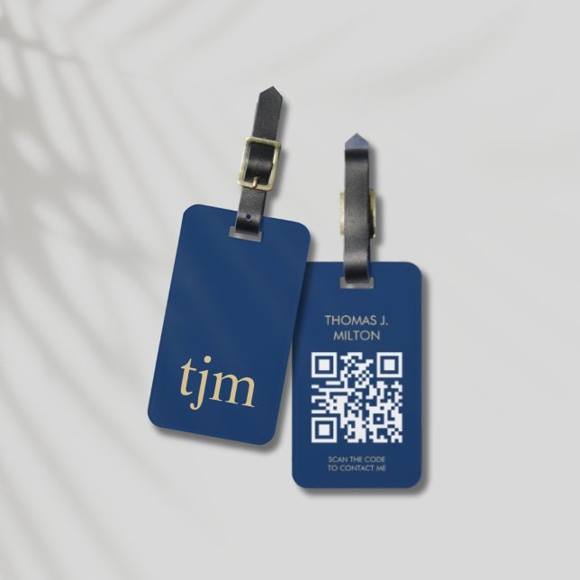 Étiquette À Bagage Élégant bleu or gras monogramme QR Code (Créateur téléchargé)