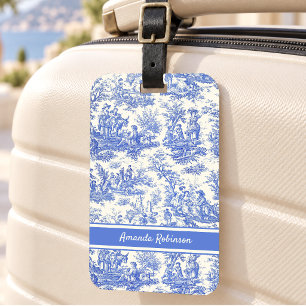 Étiquette À Bagage Élégant Bleu Vintage Toile De Jouy
