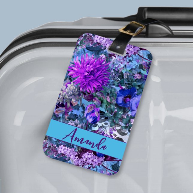 Étiquette À Bagage Élégant bleu violet motif floral monogramme (Créateur téléchargé)