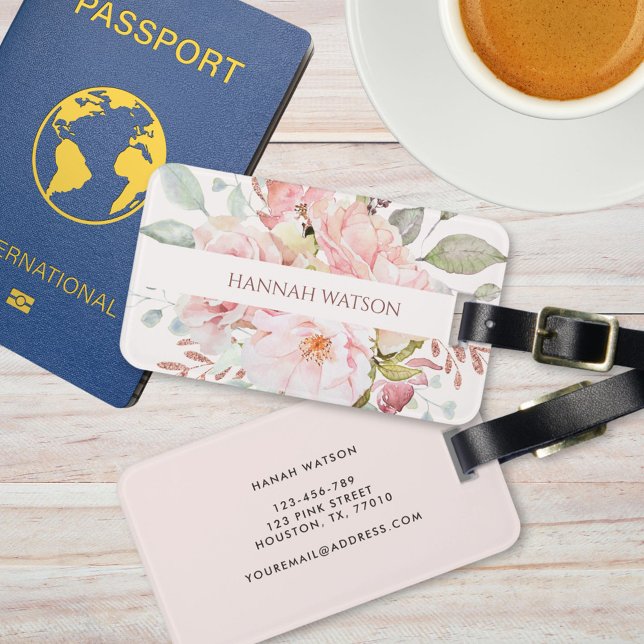 Étiquette À Bagage Élégant bouquet floral rose et pivoine (In situ)