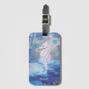 Étiquette À Bagage Élégant cheval de mer Vintage Blue Ocean Waves Nom