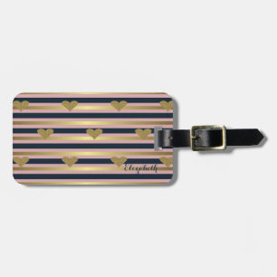 Étiquette À Bagage Élégant Chic  Cœurs Pailletés Faux Or Sur Rayures