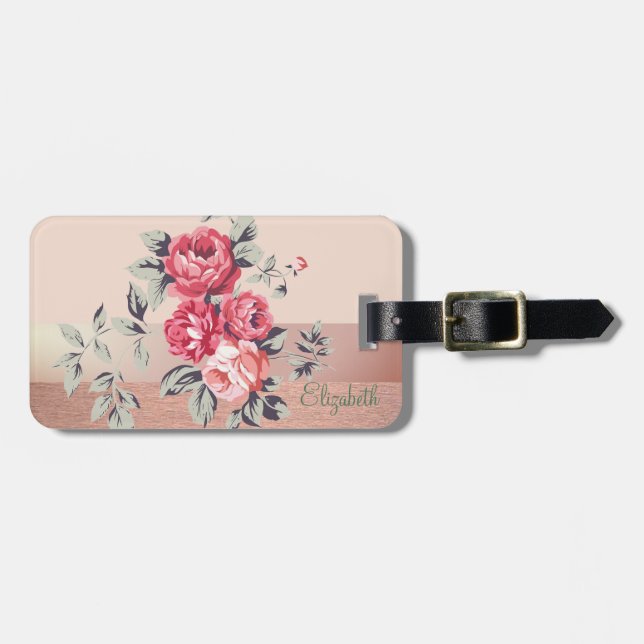 Étiquette À Bagage Élégant Chic et Stylé,Fleurs (Devant horizontal)