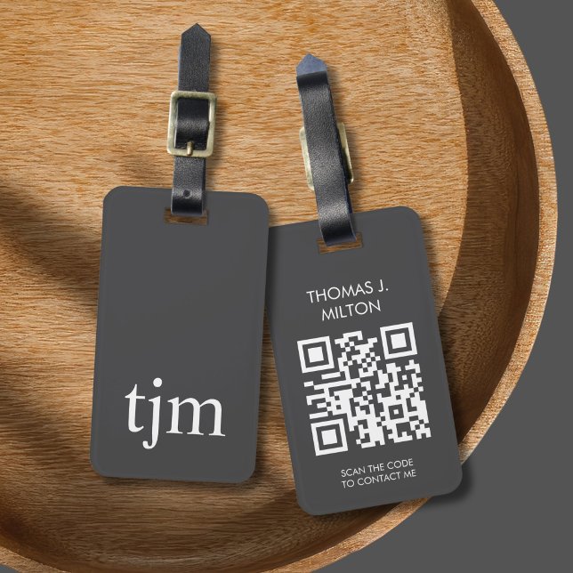 Étiquette À Bagage Élégant code QR monogramme gras blanc gris foncé (Créateur téléchargé)