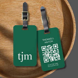 Étiquette À Bagage Élégant code QR monogramme gras blanc vert foncé
