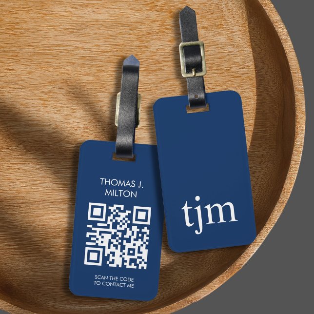 Étiquette À Bagage Élégant Code QR Monogramme Gras Bleu Blanc (Créateur téléchargé)