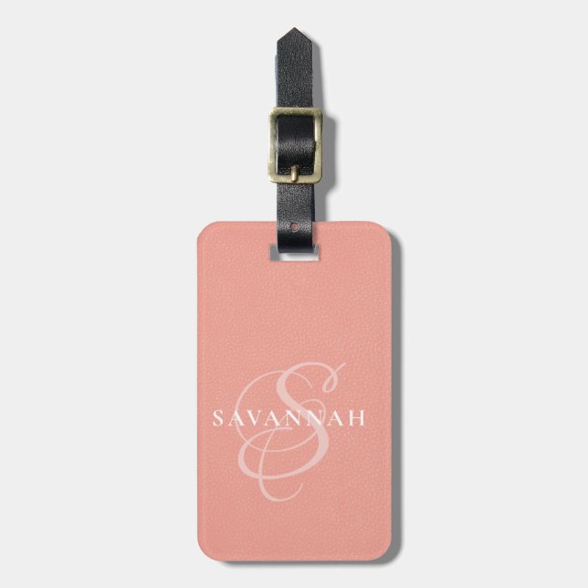 Étiquette À Bagage Élégant cuir rose blush écriture monogramme (Devant Vertical)