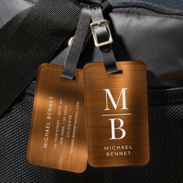 Étiquette À Bagage Élégant cuivre monogramme brossé (Elegant Monogrammed Copper Brushed Metallic Luggage Tag)