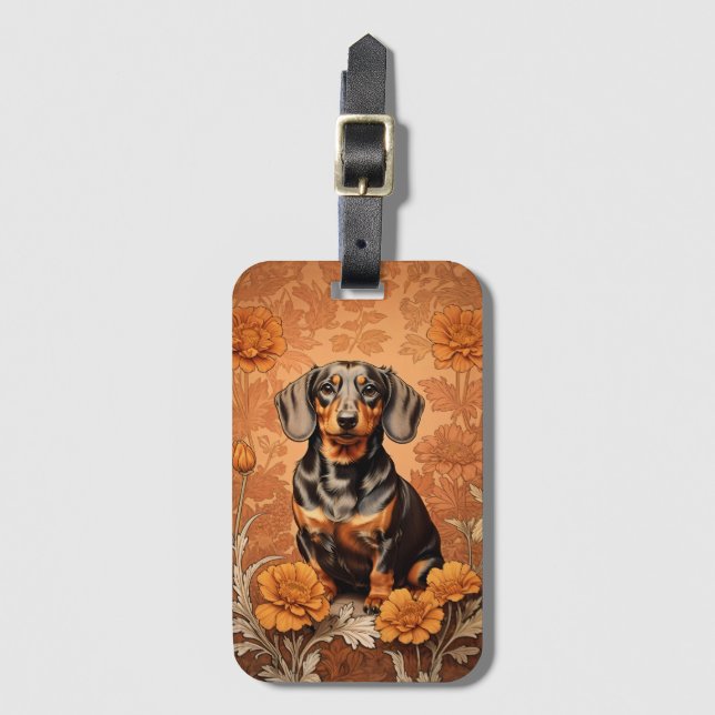 Étiquette À Bagage Elégant Dachshund Et Marigolds (Devant Vertical)