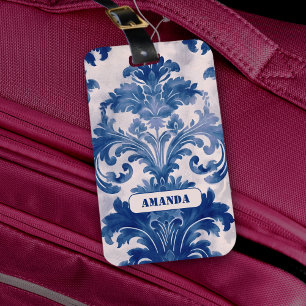 Étiquette À Bagage Élégant damassé Bleu toile de jouy monogramme