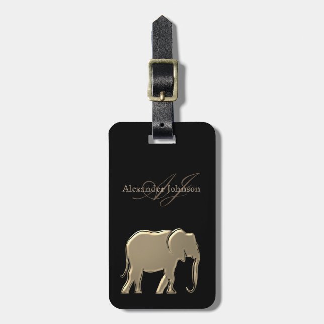 Étiquette À Bagage Élégant Éléphant Doré Monogrammé Chic Noir (Devant Vertical)