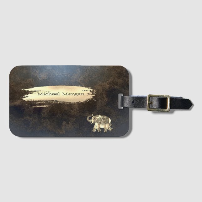 Étiquette À Bagage Elégant Eléphant Or, Brush Stroke, Look Cuir (Devant Horizontal)