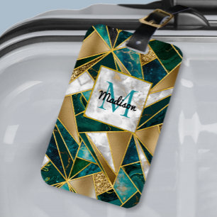 Étiquette À Bagage Elégant faux or turquoise géométrique