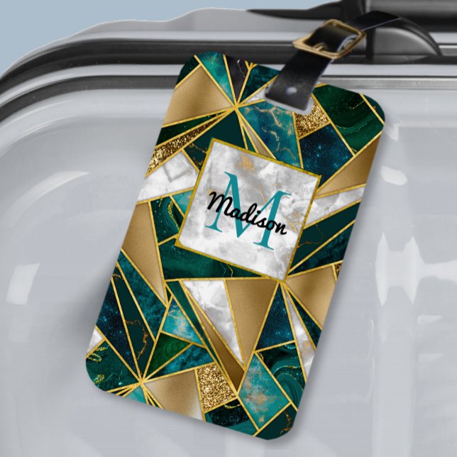 Étiquette À Bagage Elégant faux or turquoise géométrique (Créateur téléchargé)