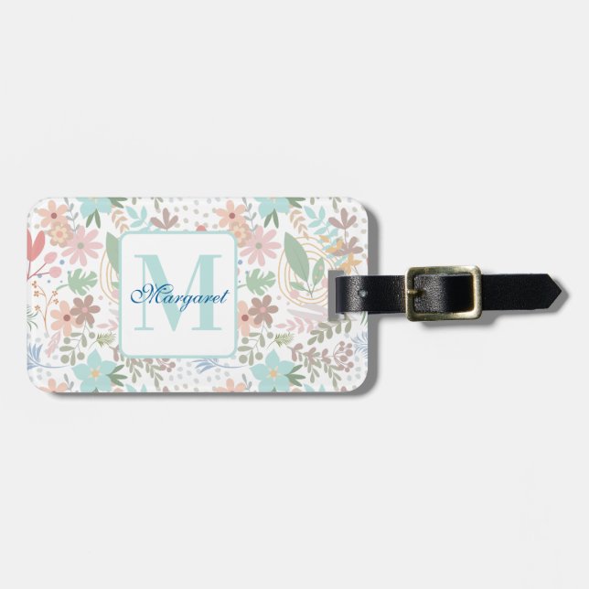 Étiquette À Bagage Élégant feuille florale bleu monogramme à thème (Devant horizontal)
