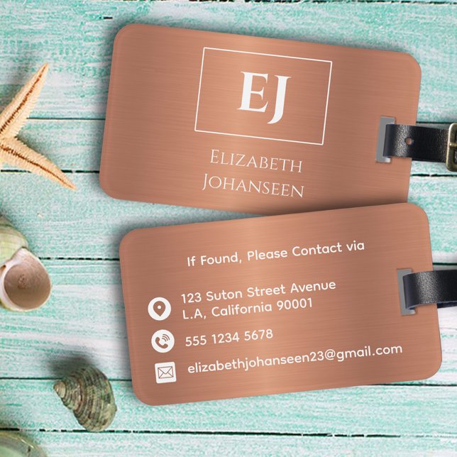 Étiquette À Bagage Élégant Fille Cuivre Foil Métal Monogramme (Créateur téléchargé)