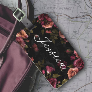 Étiquette À Bagage Élégant floral botanique rose foncé burgundy