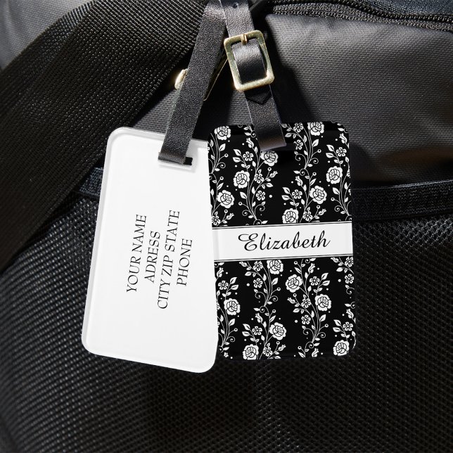 Étiquette À Bagage Élégant floral noir et blanc (Black And White Floral Roses Pattern Name Luggage Tag)