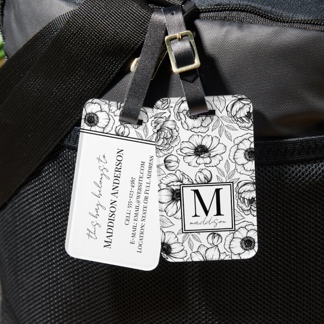 Étiquette À Bagage Élégant Floral Noir Nom Blanc Monogramme (Elegant Black White Name Monogram Luggage Tag)