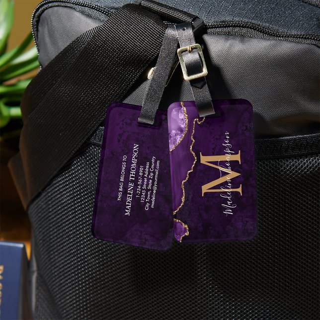 Étiquette À Bagage Élégant Géode Agate Violet Monogramme (Créateur téléchargé)