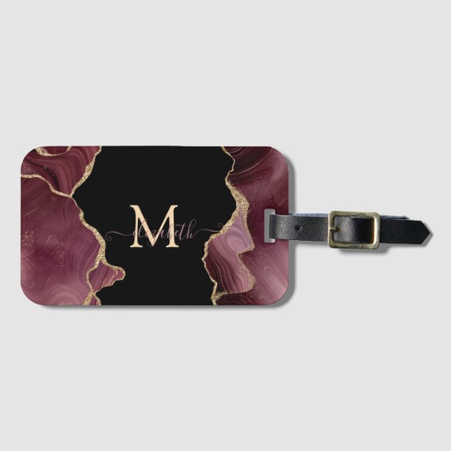 Étiquette À Bagage Elégant Glitter Or Style Agate Bourgogne (Devant Horizontal)