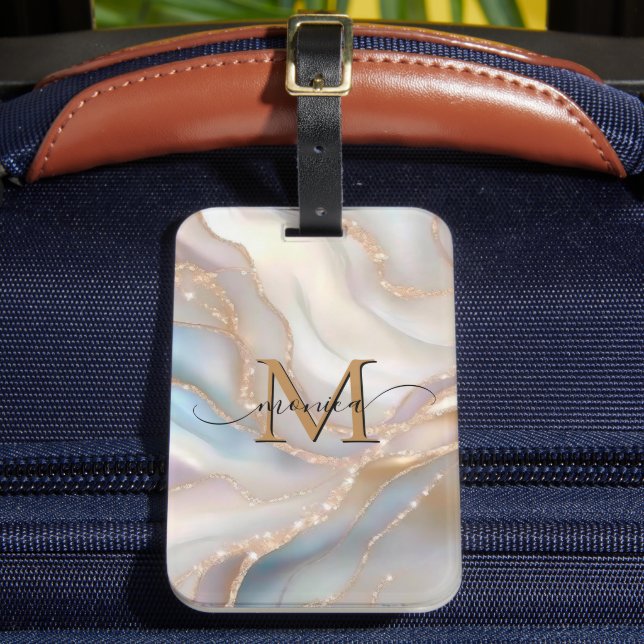 Étiquette À Bagage Elegant Gold and Nacre Monogram Name Personalized (Insitu Rectoal 2)