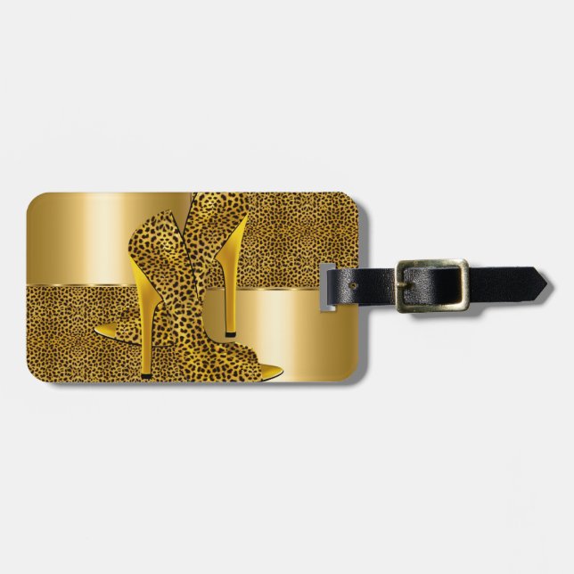 Étiquette À Bagage Elegant Gold Leopard High Heel Shoes Animal (Devant horizontal)