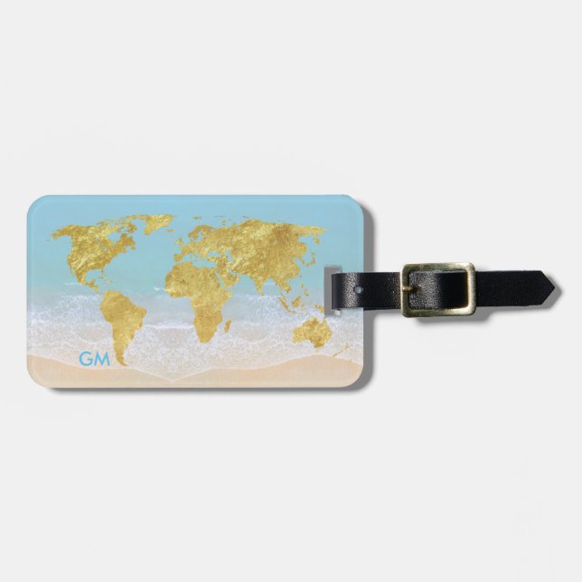 Étiquette À Bagage Elégant Gold World Map Plage Monogramme personnali (Devant horizontal)