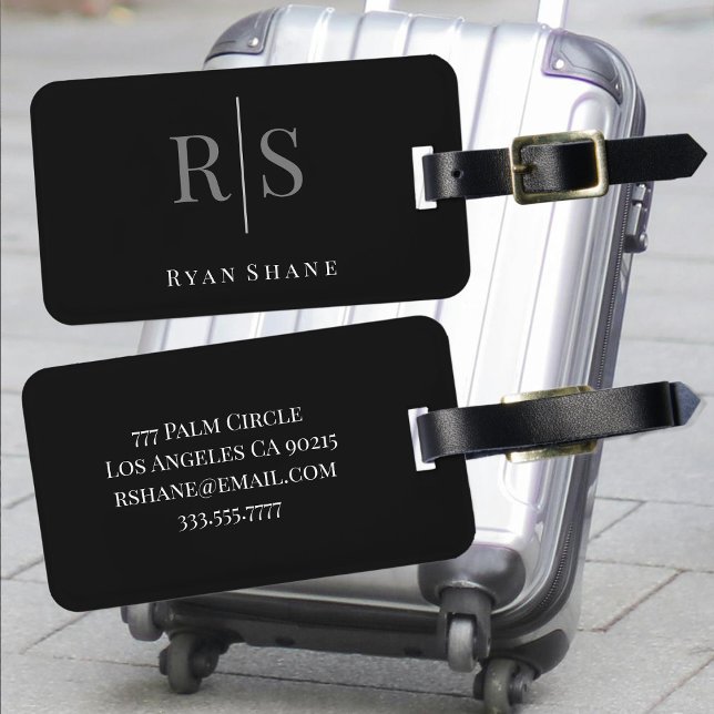 Étiquette À Bagage Élégant gros monogramme gris blanc Nom Info, noir (Créateur téléchargé)
