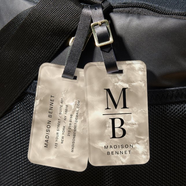 Étiquette À Bagage Élégant Ivoire Beige Monogrammé  (Elegant Monogrammed Ivory Beige Luggage Tag)