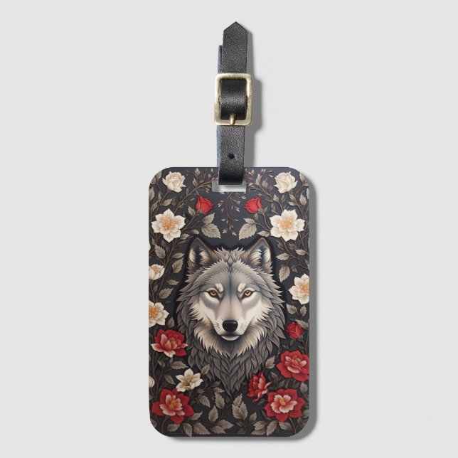 Étiquette À Bagage Élégant loup gris floral (Devant Vertical)