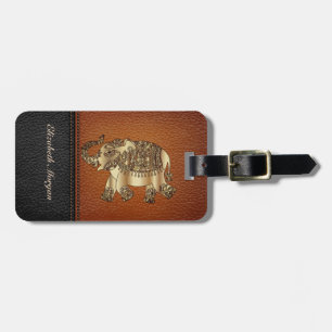 Étiquette À Bagage Élégant Luxe, Aspect Cuir, Éléphant, Paisley