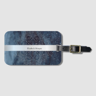 Étiquette À Bagage Élégant mandala moderne argenté rayure bleu marine