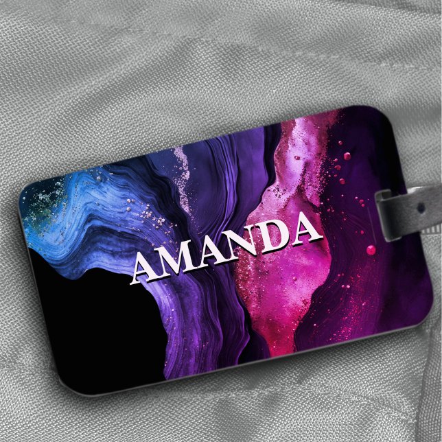 Étiquette À Bagage Elégant marbre rose violet art faux parties scinti (Créateur téléchargé)