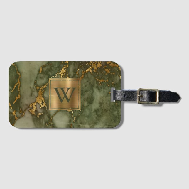 Étiquette À Bagage Élégant Marbre Vert Olive Or Monogramme (Devant Horizontal)
