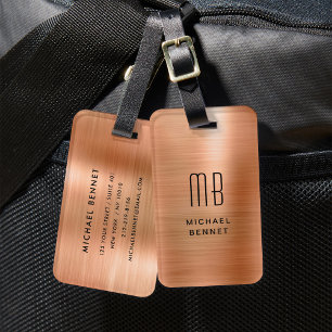Étiquette À Bagage Élégant métal brossé cuivre marron monogrammé