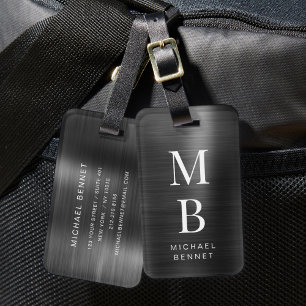Étiquette À Bagage Élégant Métal Noir Brossé Monogrammé