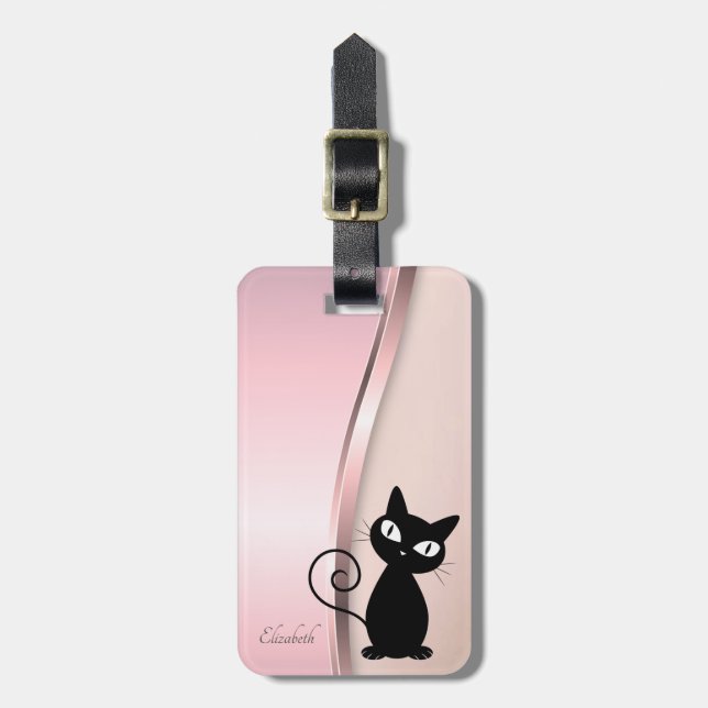 Étiquette À Bagage Élégant métallisé moderne, rose, chat noir (Devant Vertical)