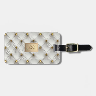 Étiquette À Bagage Élégant Moderne Cuir Blanc Tufté Or