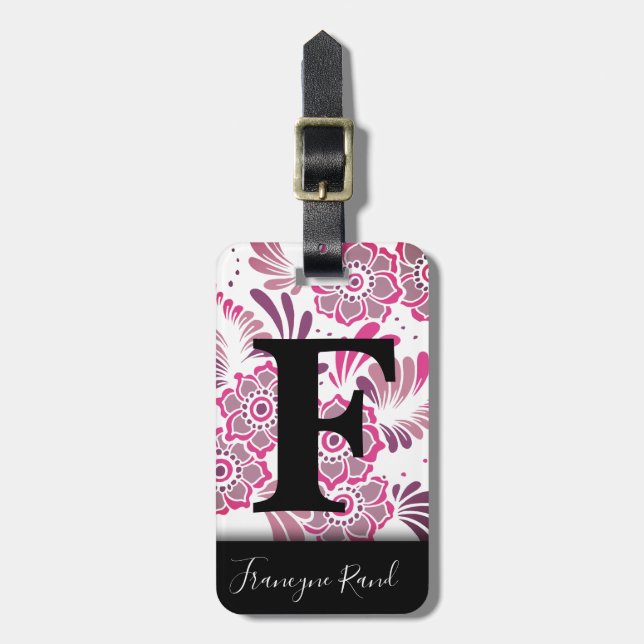 Étiquette À Bagage Élégant moderne élégant rose floral Monogramme de  (Devant Vertical)