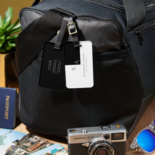 Étiquette À Bagage Élégant moderne moitié noir moitié blanc Monogramm (Recto & Verso)