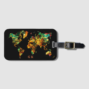 Étiquette À Bagage Elégant Monde Carte Aquarelle Peinture Monogramme