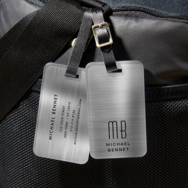 Étiquette À Bagage Élégant Monogram Silver Grey (Elegant Monogram Silver Gray Luggage Tag)