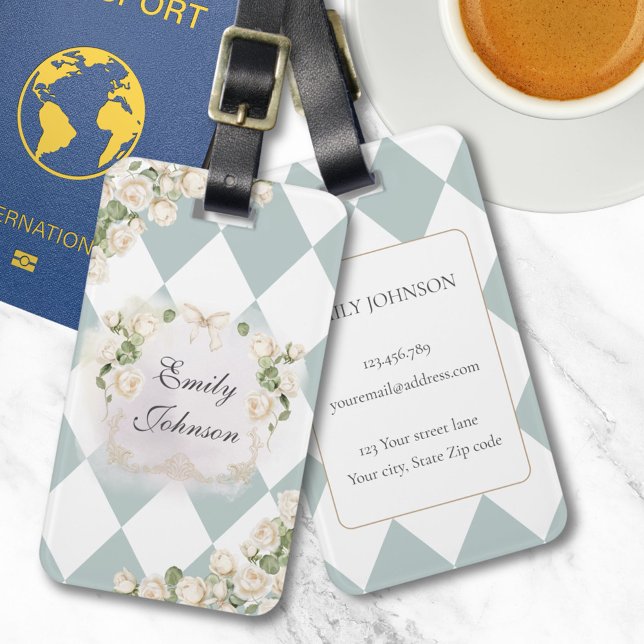 Étiquette À Bagage Elegant Monogram White Roses Green Leaves Diamond (In situ)