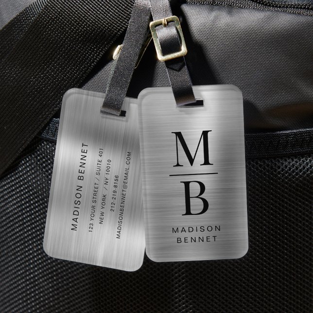 Étiquette À Bagage Élégant Monogrammé Argent Métal Brossé  (Elegant Monogrammed Silver Brushed Metallic Luggage Tag)