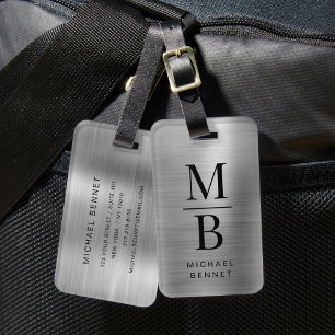 Étiquette À Bagage Élégant Monogrammé Argent Métallisé Brossé